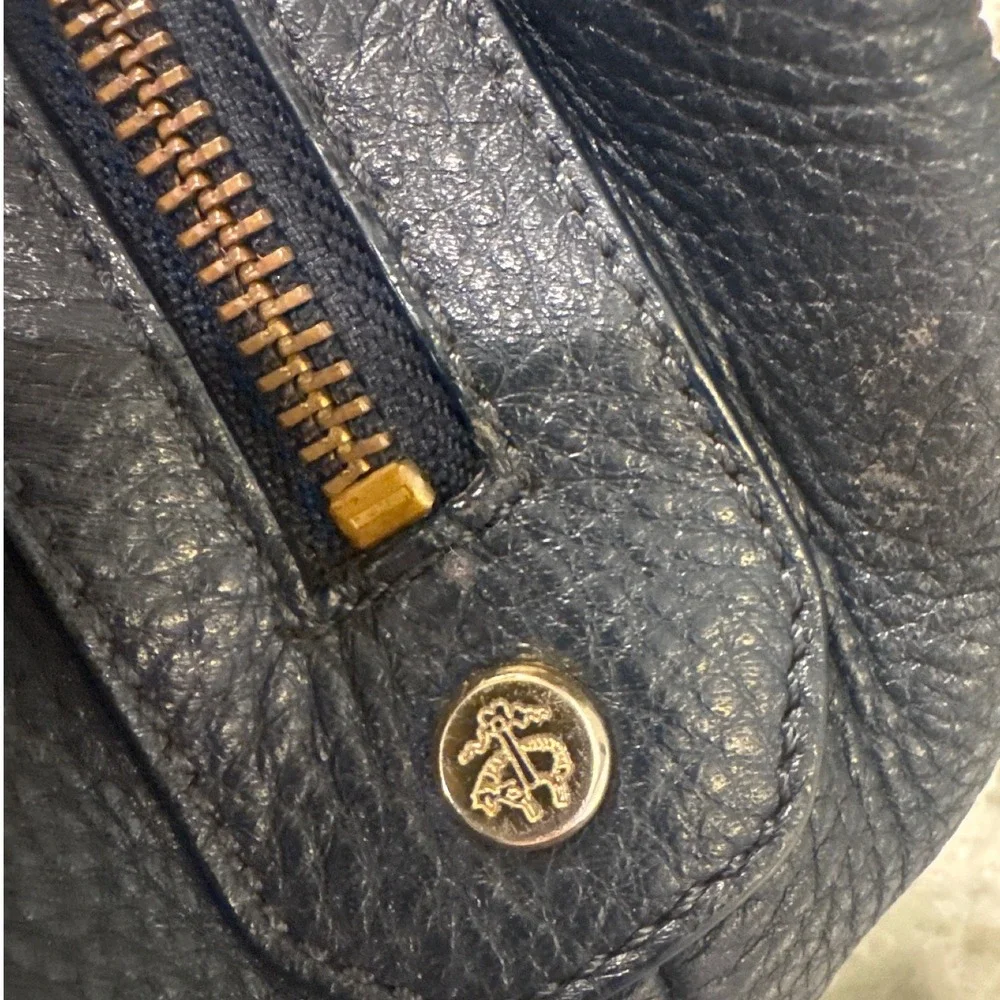Brooks Brothers Navy Blue Pebbled Leather Hobo Shoulder Bag Gold Tone Hardware